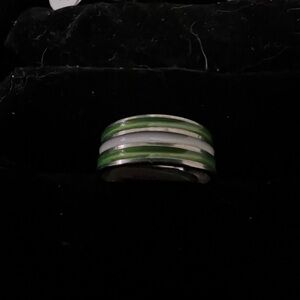 Green and Silver Colored Band Ring